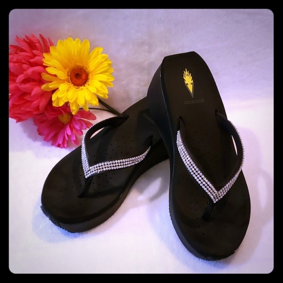 VOLATILE Rhinestone flip flop platform wed…